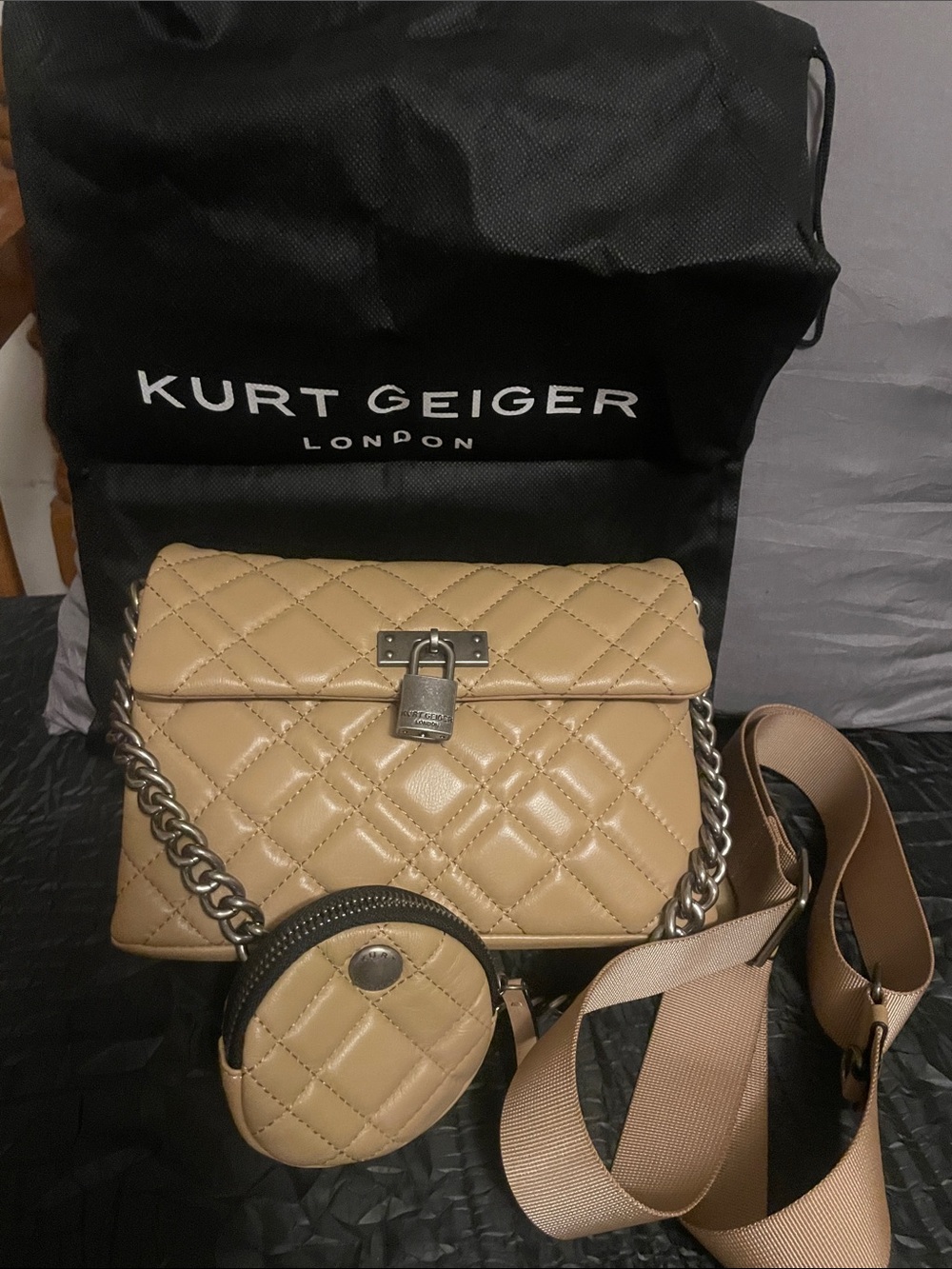 Kurt Geiger Quilted Beige Leather Shoulder Bag with Coin Pouch and Chain Strap